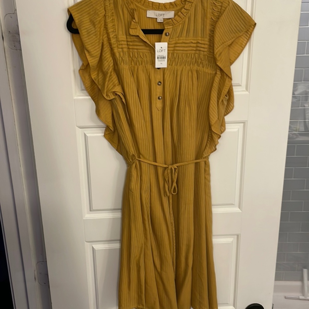 LOFT Mustard Yellow Ruffle Sleeve Dress